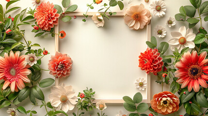 A wooden picture frame decorated with a few fresh flowers