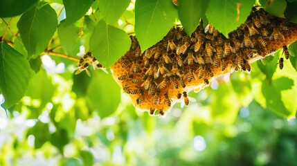honey bee nest in the middle of a tree - obrazy, fototapety, plakaty