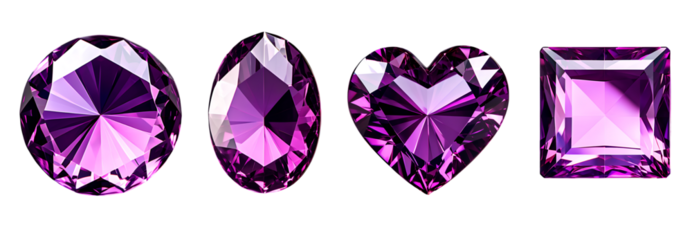 violet gems stone collection, heart, round, oval shape gloving diamond stones, isolated on transparent background, icons logo vector png