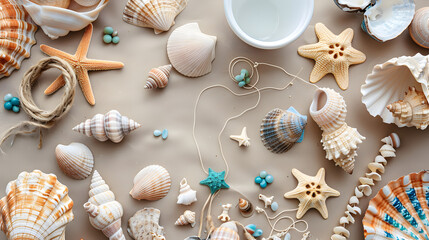 A top view of a beach - themed crafting table with seashells, beads, and string, arranged on a light surface.