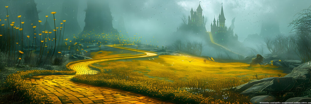 Yellow brick road leading to the enchanted emerald city in a fantasy world of magicians, majestic buildings, and seasonal beauty.