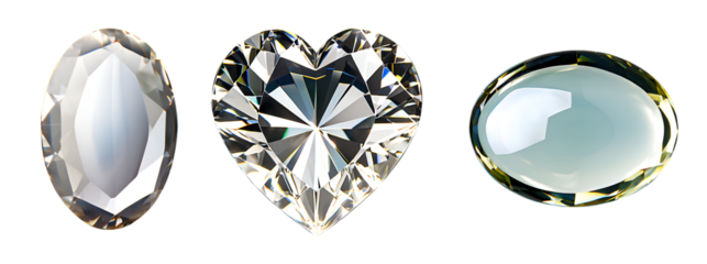 diamond stone collection, heart, round, oval shape gloving gem stones, isolated on transparent background, icons logo vector png
