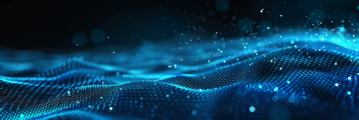 Abstract background with a blue digital mesh and dots on a dark background,blue wave data transfer futuristic technology concept.