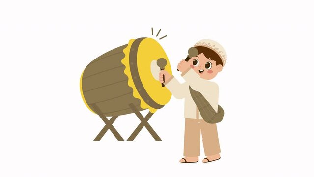 Happy Muslim Boy Beating Drum Bedug Animation
