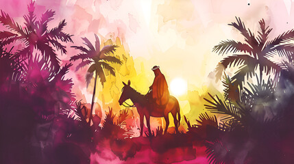Silhouette of palm sunday. Jesus ride on a donkey. Jesus triumphant entry into Jerusalem, passover preparation. Save we pray 'son of david'. Hosanna! “Blessed is he who comes in the name of the Lord