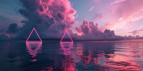 The great pinkish floating triangle beyond the ocean that surrounded with a lot amount of the tall cloud at the dawn or dusk time of the day that shine light to the every part of the picture. AIGX03. - obrazy, fototapety, plakaty