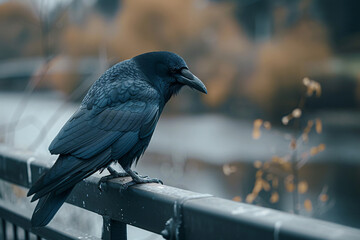 Black crow sitting on rail in gloomy weather - Powered by Adobe