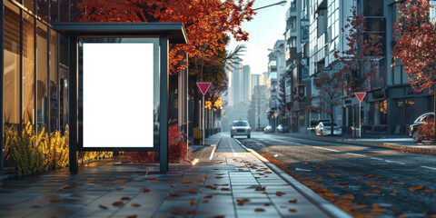 A blank white billboard  at bus stop on street, for advertising mockups and urban city concepts and presentations.Mock up Billboard Media Advertising Poster banner template at Bus Station city street