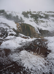 Winter volcanic landscape with steam rising from geothermal hot spring,  dry grass and bamboo covered with snow, Baransky volcano on Iturup, Kuril islands