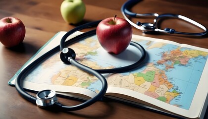 World health day symbolic concept with map on healthy antioxidant fruit nutritional apple with medical doctor's stethoscope