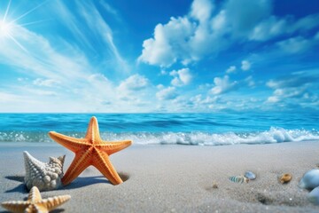 Fototapeta na wymiar star fish on blue beach sands