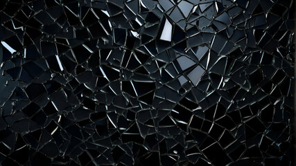 Cracked glass object on black background, smashed glass texture, shards of broken glass on black wallpaper - obrazy, fototapety, plakaty