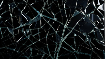 Cracked glass object on black background, smashed glass texture, shards of broken glass on black wallpaper - obrazy, fototapety, plakaty