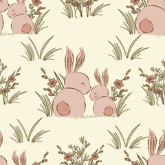 Cute hand drawn Easter seamless pattern with bunnies, flowers beautiful background, great for Easter Cards, banner, textiles, wallpapers Lovely rabbits or hare childish seamless pattern pattern fills.