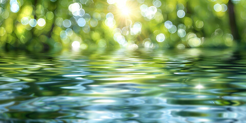 water and green trees with sunlight reflections on Blurred nature landscape background ,banner. Abstract blurred spring or summer nature background. 