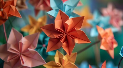 Beauty of paper art: Delicate origami flowers unfold with grace and elegance.
