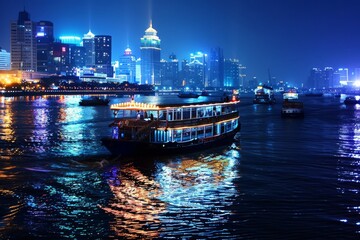 Naklejka premium Embark on a nighttime boat ride along a tranquil river, the city lights reflected in the calm waters as you glide silently through the darkness, Generative AI