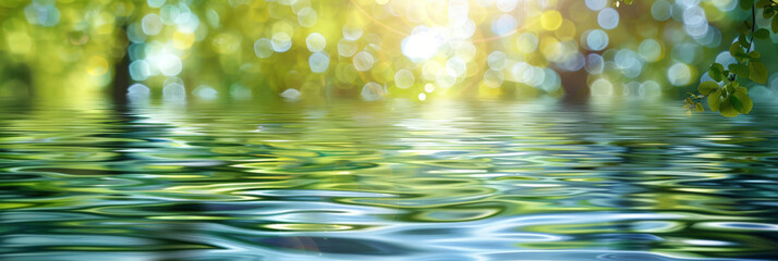 water and green trees with sunlight reflections on Blurred nature landscape background ,banner. Abstract blurred spring or summer nature background. 