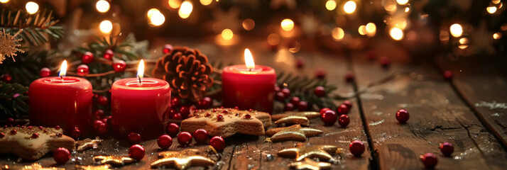 Christmas decoration with candle and cookies,  pine cones, garland, stars and gingerbread on wooden table background, copy space for text. banner