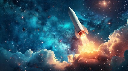 Obraz na płótnie Canvas Fast flying rocket among stars in the universe