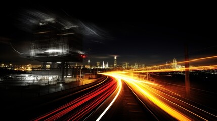 Fototapeta na wymiar Dark nighttime road illuminated by streetlights with urban cityscape in background