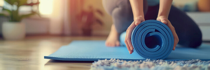 Close up of a woman's hands unrolling a yoga mat on the floor at home,  - obrazy, fototapety, plakaty