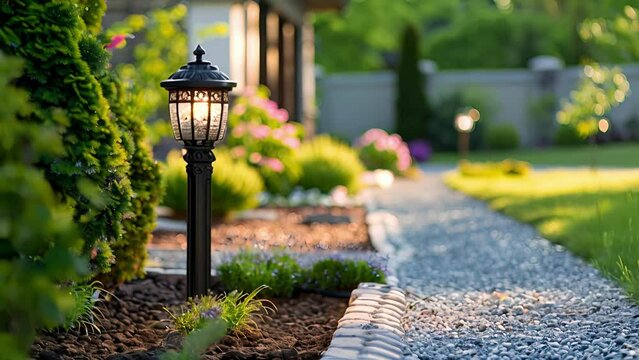 A br post light with a traditional design providing subtle lighting along a pathway in a manicured front yard.
