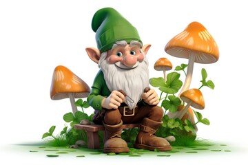 Obraz premium A cheerful gnome sits surrounded by shamrocks and mushrooms on a white background. St.Patrick 's Day. Illustrations for children's books.