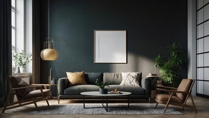 Modern and Minimalist Scandinavian Living Room Poster Frame Mockup, Blank Picture Frame Mockup on Wall with Decoration