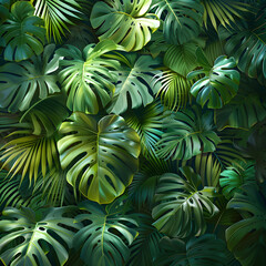 Tropical leaves and foliage arrangement with monstera and palm leaves, perfect for creating a lush and exotic atmosphere for indoor or outdoor settings, such as weddings, events, or meditation spaces.