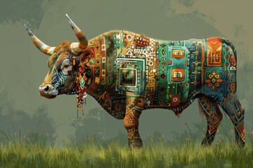 Colorful Bull With Horns in Field - obrazy, fototapety, plakaty