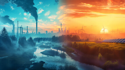 A serene dawn contrasts the silhouette of a polluting factory with renewable energy sources nearby. Generative AI.