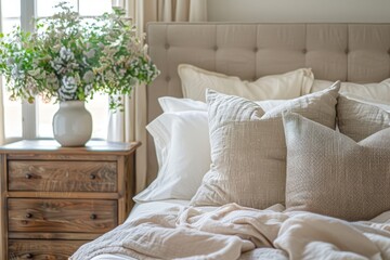 Close up of rustic bedside table lamp near bed with wood headboard.   French country, farmhouse, provence interior design of modern bedroom.