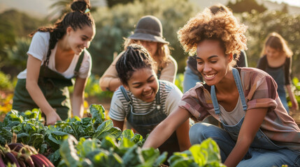 Fototapeta premium Young smiling girl working at garden and digging out fresh green lettuce, garden expert is teaching group of teenage student.