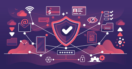 Illustration concept of Network Security, featuring VPN, Firewall, Cloud Protection, Data Safety, and Risk Prevention in a secure environment. - obrazy, fototapety, plakaty