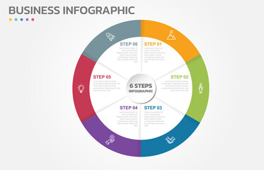 Visual data presentation. Cycle diagram with 6 options. Pie Chart Circle infographic template with 6 steps, options, parts, segments. Business concept. Marketing infographic vector illustration.