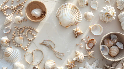 A top view of a beach - themed crafting table with seashells, beads, and string, arranged on a light surface.