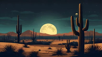 Fotobehang moonlit desert with cacti silhouettes vector simple © Badi
