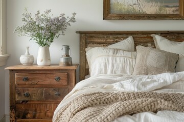 Close up of rustic bedside table lamp near bed with wood headboard.   French country, farmhouse, provence interior design of modern bedroom.