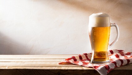 赤のチェック柄のクロスと木目のテーブルとおいしそうなグラスビール