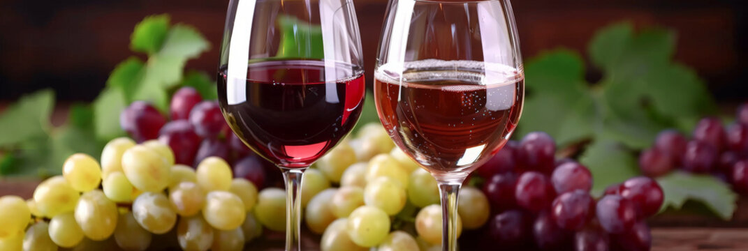 Glasses of red wine and white wine with grapes on a wooden table background