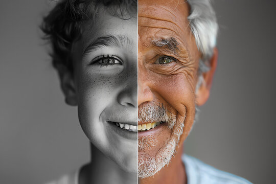 portrait of same young and old man smiling, AI generated