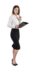 A woman in formal wear, holding a clipboard and a pen, standing against a white background. Professional and business concept