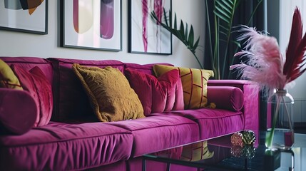 Retro-Chic Apartment A Velvet Modular Sofa adorned with Pop Art Cushions and a Feathered Friendship...