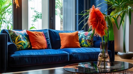 Retro-Chic Apartment Velvet Modular Sofa Adorned with Pop Art Cushions and Feathered Friendship...