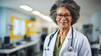 Portrait of a smiling dark-skinned African American doctor of an elderly old woman with a stethoscope in a medical hospital with modern equipment.