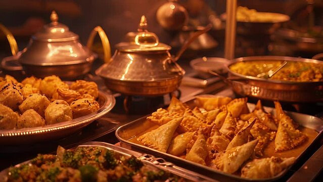 A tray of freshly prepared traditional dishes including samosas paneer tikka and biryani ready to be served during the grand feast of Diwali.
