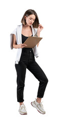 Woman in casual wear holding clipboard, standing against white background, lifestyle and fashion concept