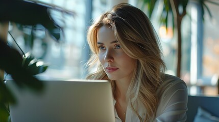A woman entrepreneur in a modern office dressed formally works Concentrate and use your thoughts. with computer laptop papers and financial reports