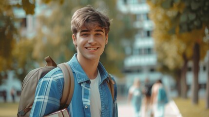 Handsome student man with backpack and books outdoor. Smile boy happy carrying a lot of book in college campus. Portrait male on international University. Education, study, school